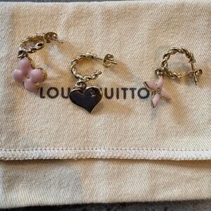 Louis Vuitton 3 Piece Heart Pink Flower Hoop Pierced Earrings Gold Pink Auth CoA